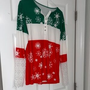 Size XL - Festive Green and Red Snowflake Top